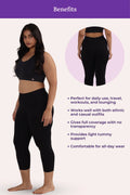Woman wearing black cropped legging with product benefits listed on a white background