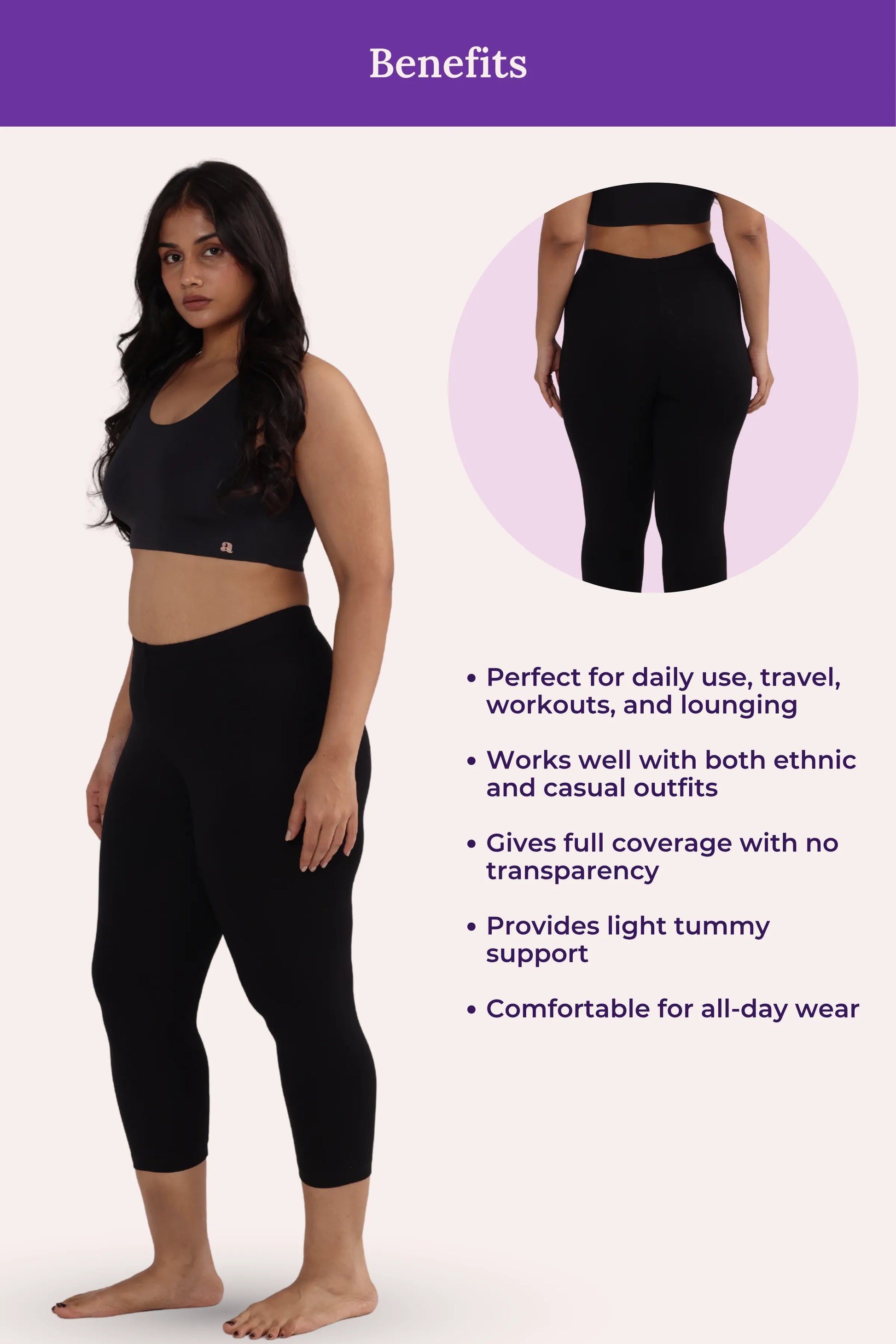 Woman wearing black cropped legging with product benefits listed on a white background