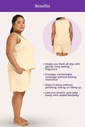 Curvy woman wearing a cream lounge set with text listing benefits