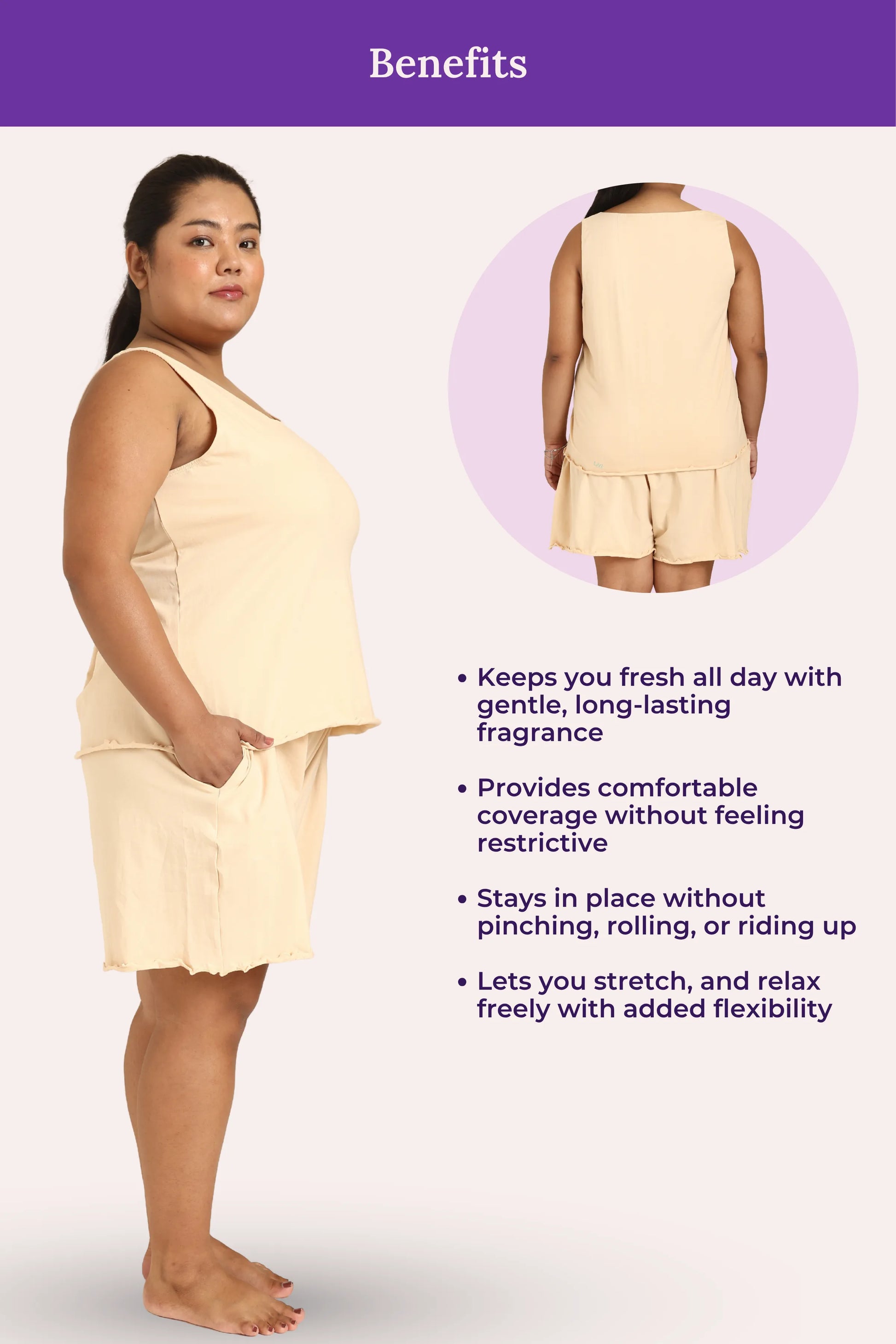 Curvy woman wearing a cream lounge set with text listing benefits