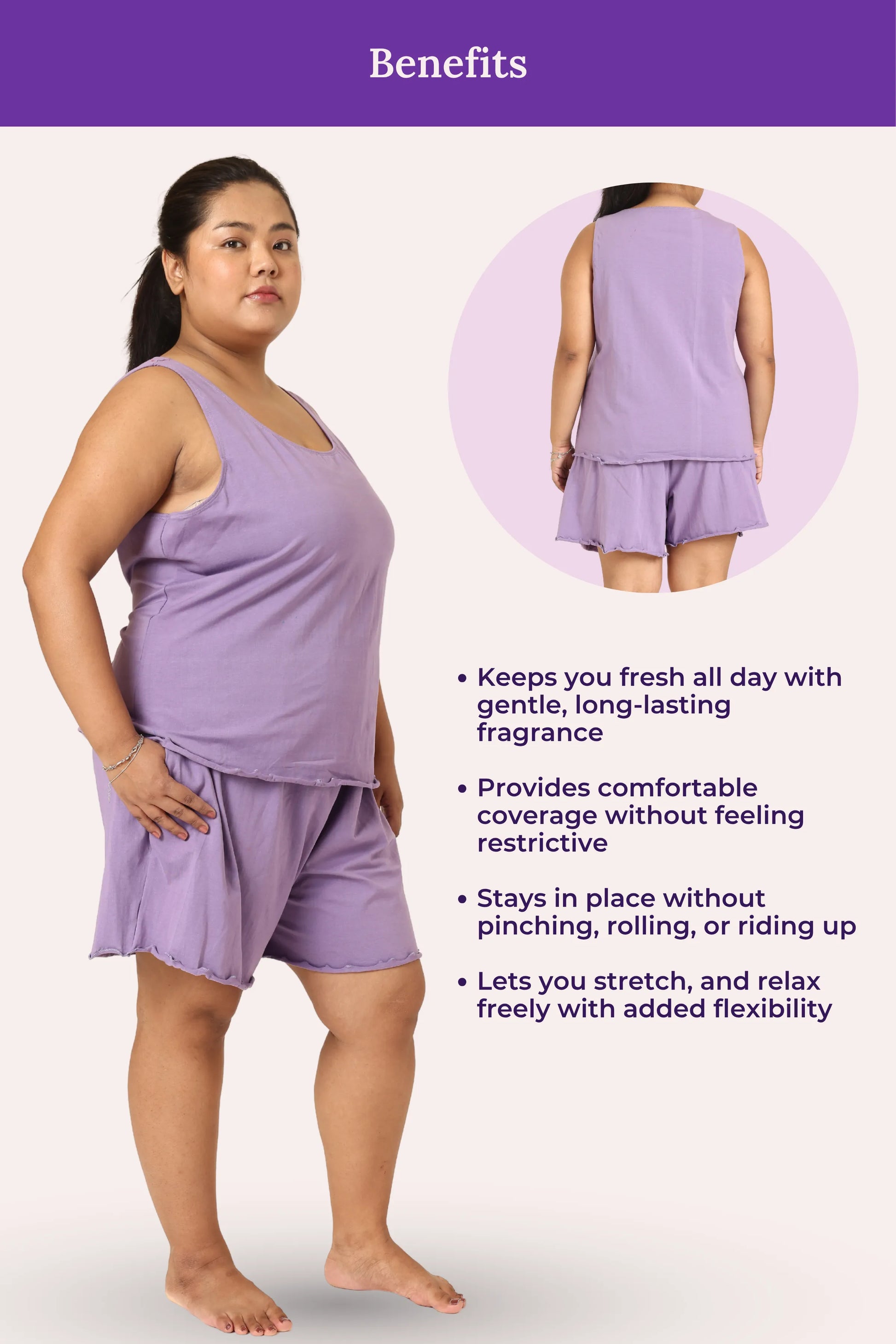 Curvy woman wearing a lavender outfit with text detailing benefits listed