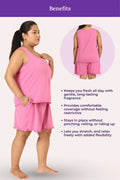 Woman wearing a rose outfit with text detailing benefits
