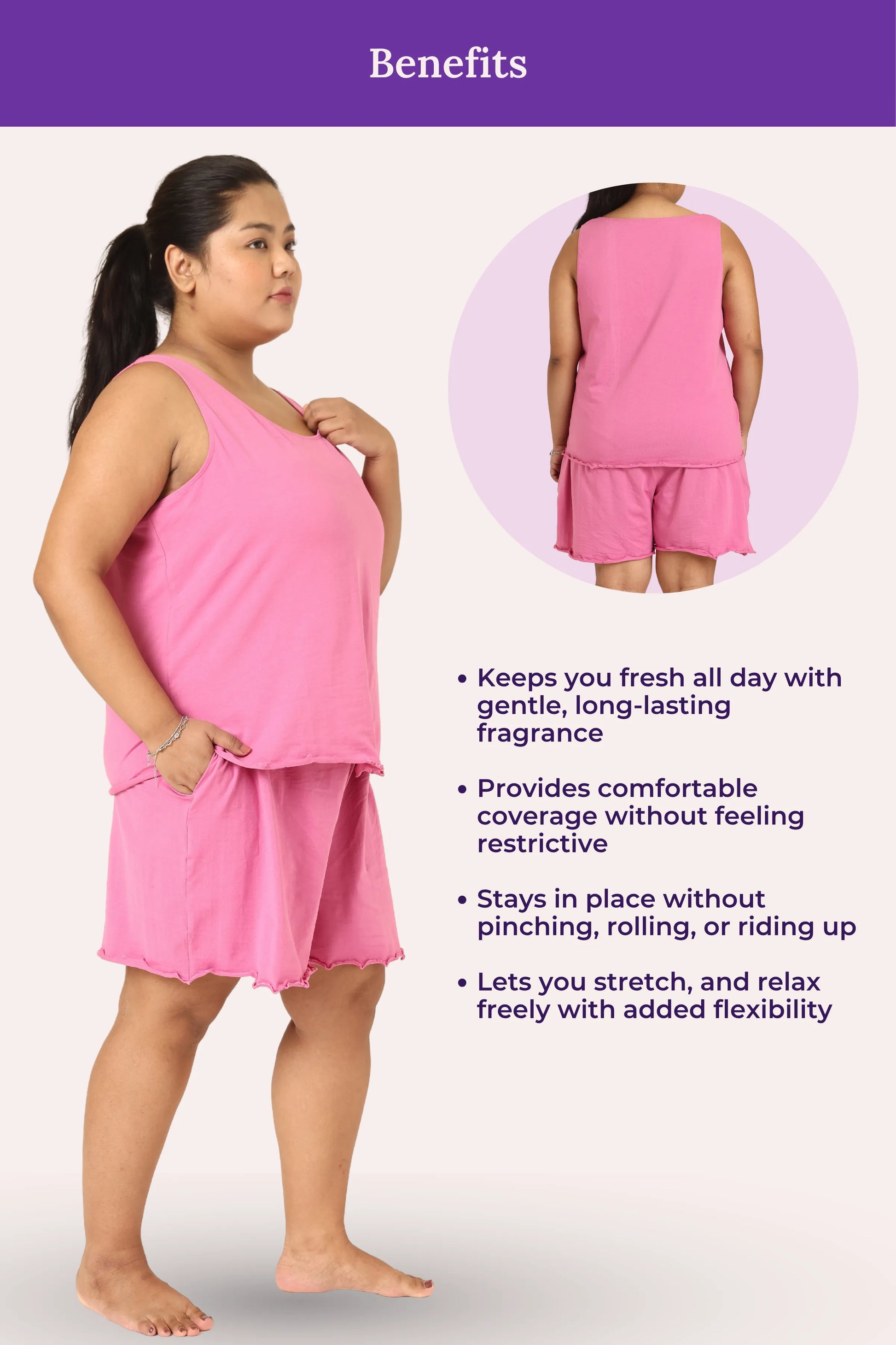 Woman wearing a rose outfit with text detailing benefits