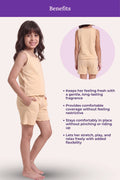 A girl modeling a sleeveless light beige top and matching shorts against a pale background, with a purple header reading 'Benefits' and text listing comfort, fragrance, and flexibility. A circular inset shows the back view of the outfit.