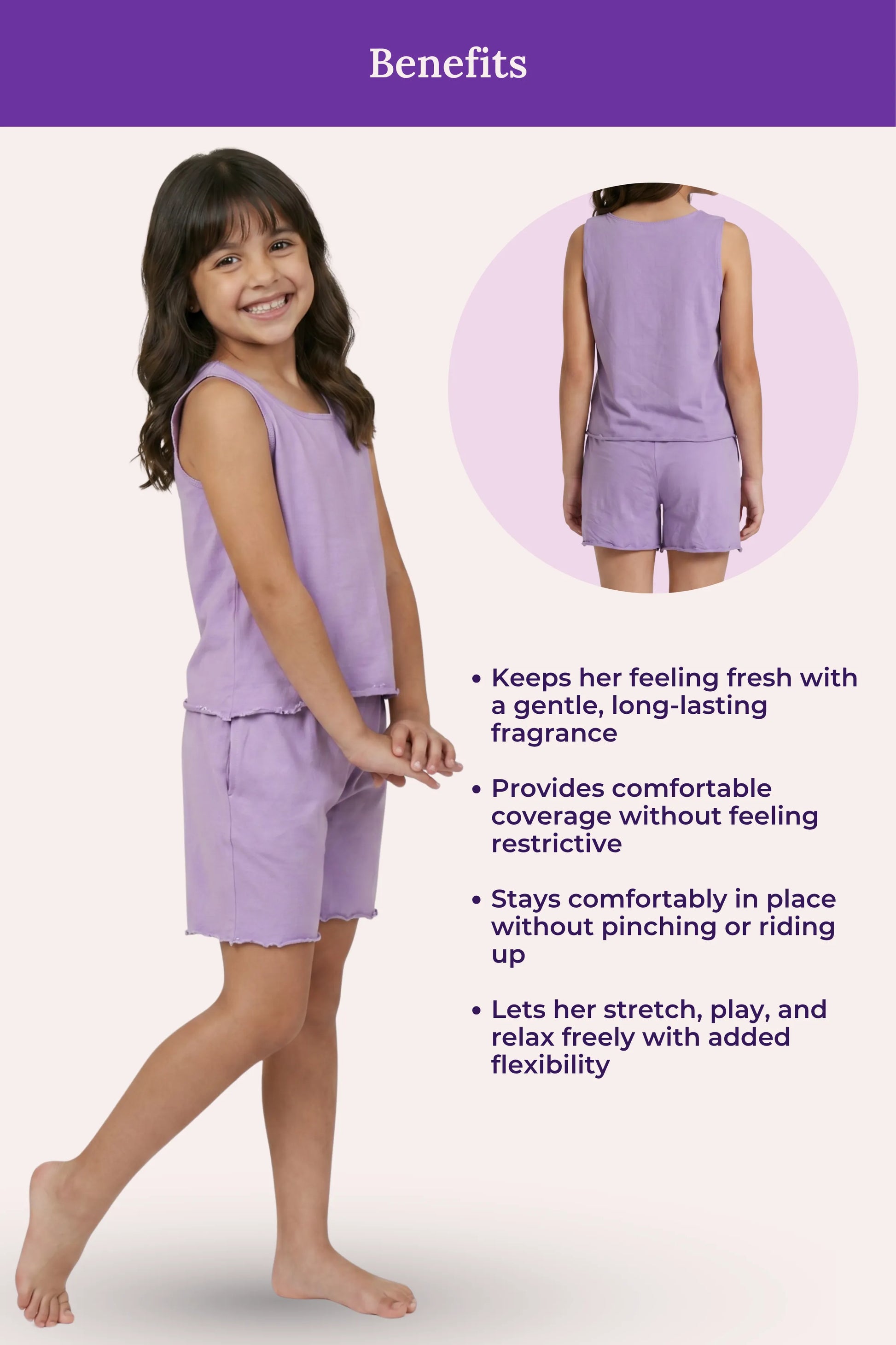 A girl lavender two-piece pajama set, showing a young girl modeling the sleeveless top and shorts on the left, a circular inset of the back view on the upper right, and text listing benefits on a pale pink background.