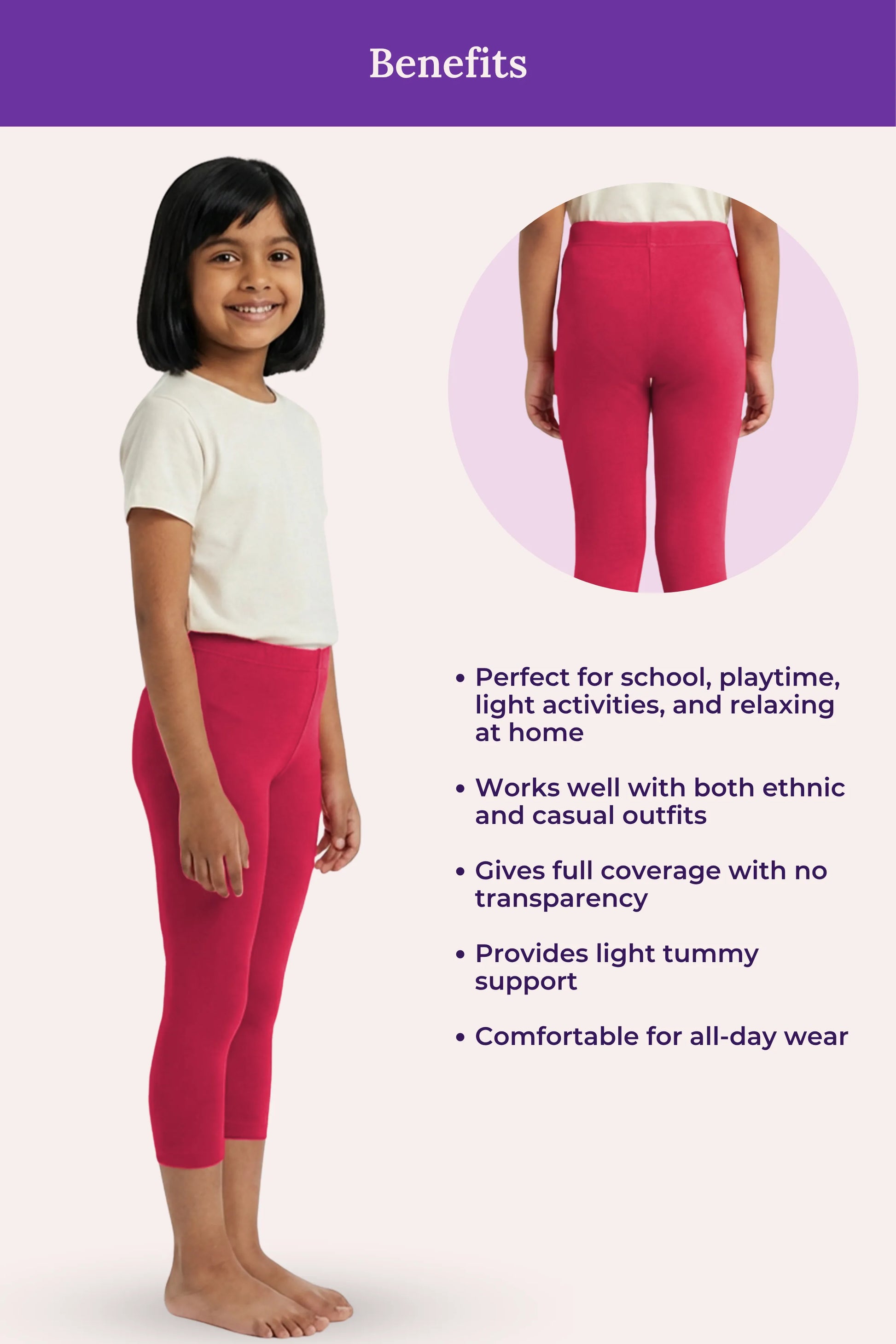 Girls' dark pink cropped leggings – benefits