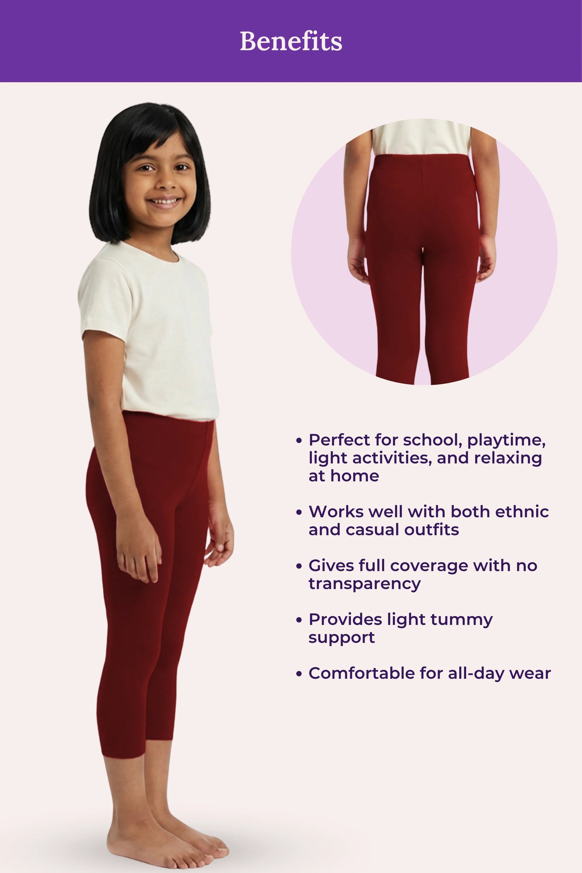 cropped leggings for girls - maroon color