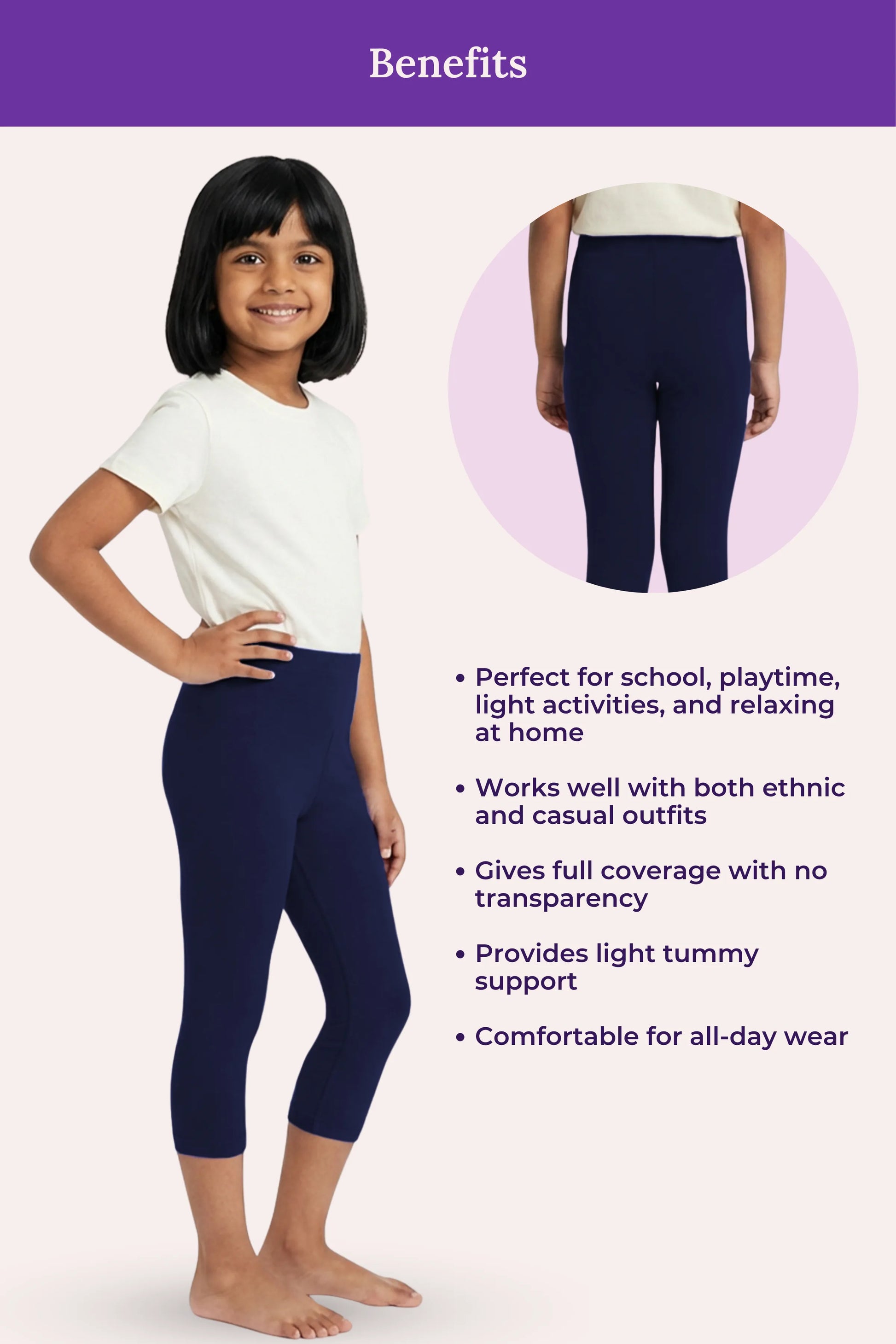 navy blue color - cropped  leggings for girls