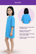 Girl wearing a blue nightshirt with text listing benefits.