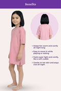 A girl model wearing a light pink nightgown with a 'Benefits' and bullet-point.