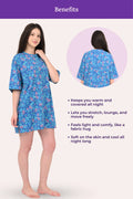 Woman wearing a blue floral nightgown with text listing benefits on a white background