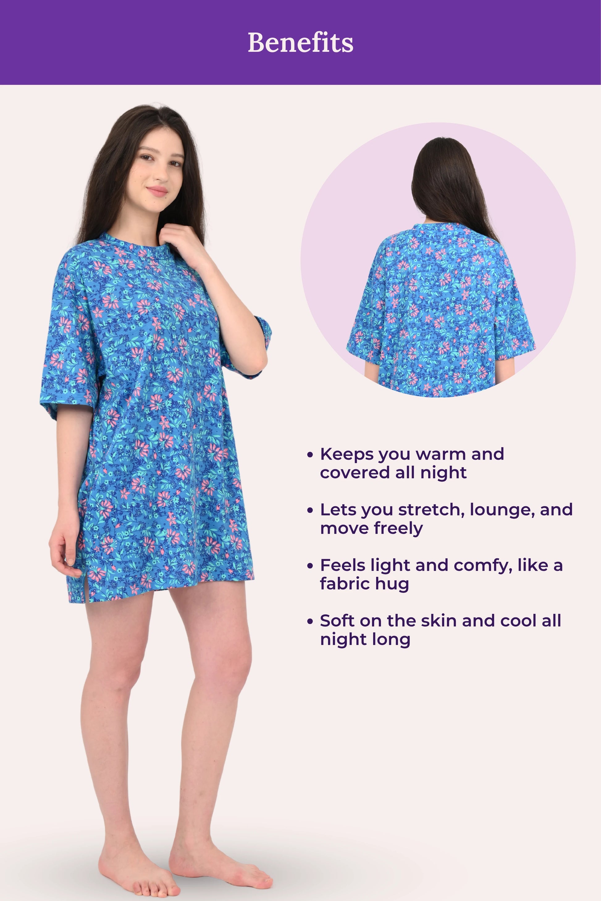Woman wearing a blue floral nightgown with text listing benefits on a white background