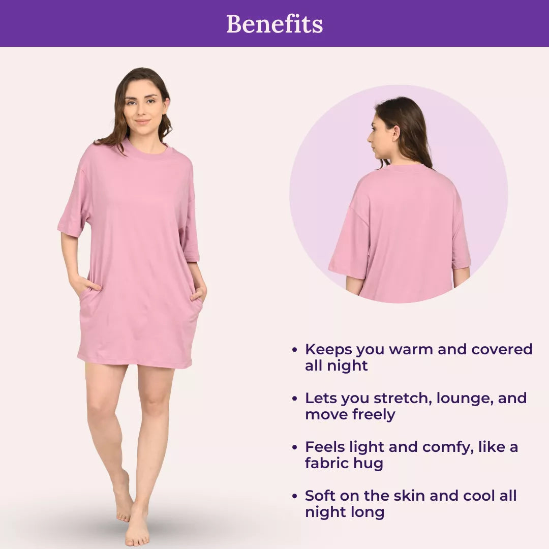 Woman wearing a orchid purple oversize t shirt with benefits