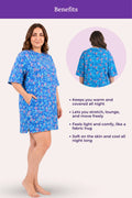 A woman model blue floral pattern, shown in a front view and a circular back view inset, with text listing benefits.