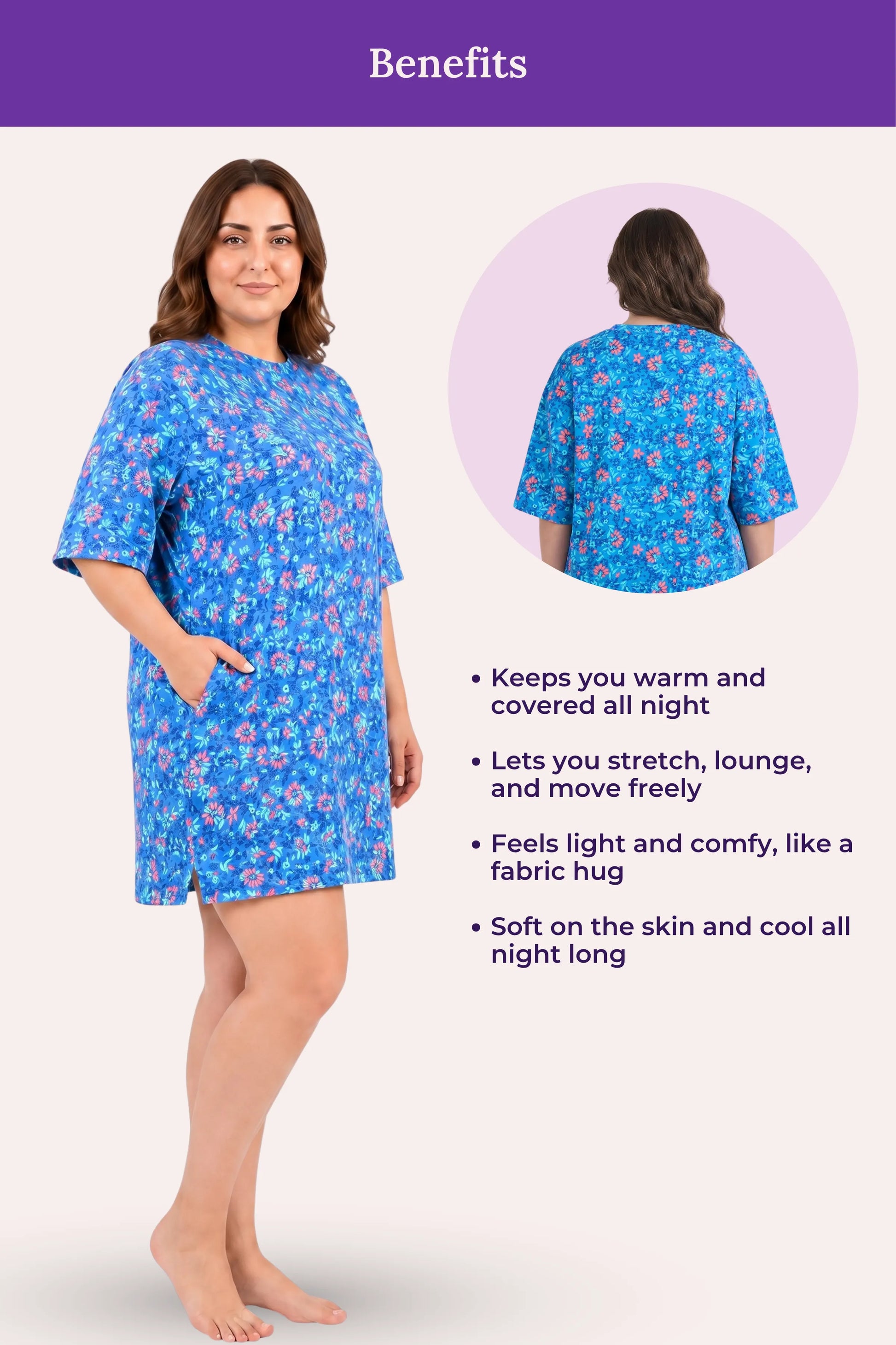A woman model blue floral pattern, shown in a front view and a circular back view inset, with text listing benefits.