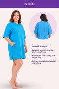 A woman model a bright blue t-shirt, shown with benefits.