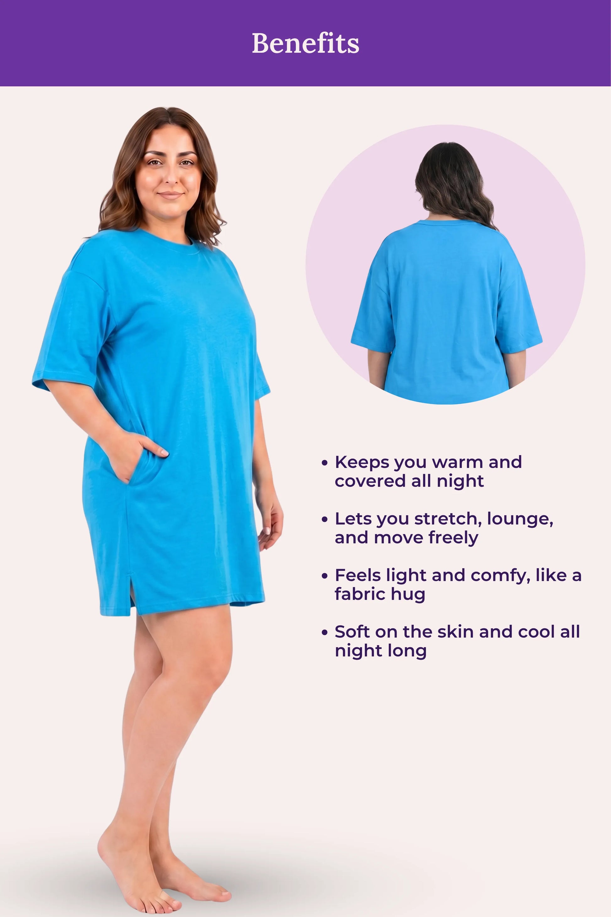 A woman model a bright blue t-shirt, shown with benefits.