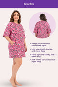 A woman modeling a pink heart pattern, with benefits.