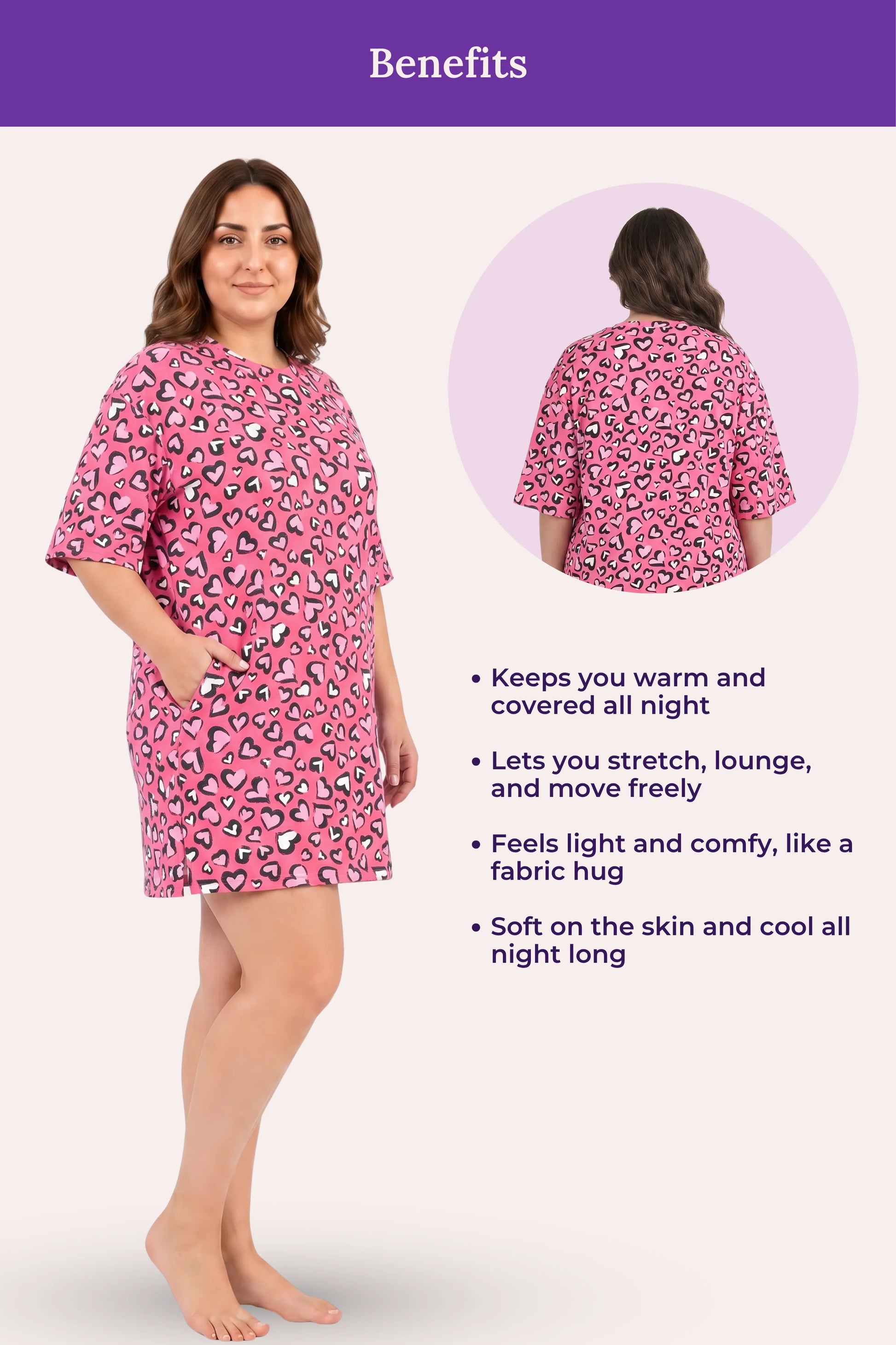 A woman modeling a pink heart pattern, with benefits.