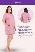 Woman wearing a pink nightshirt with text listing benefits on a white background