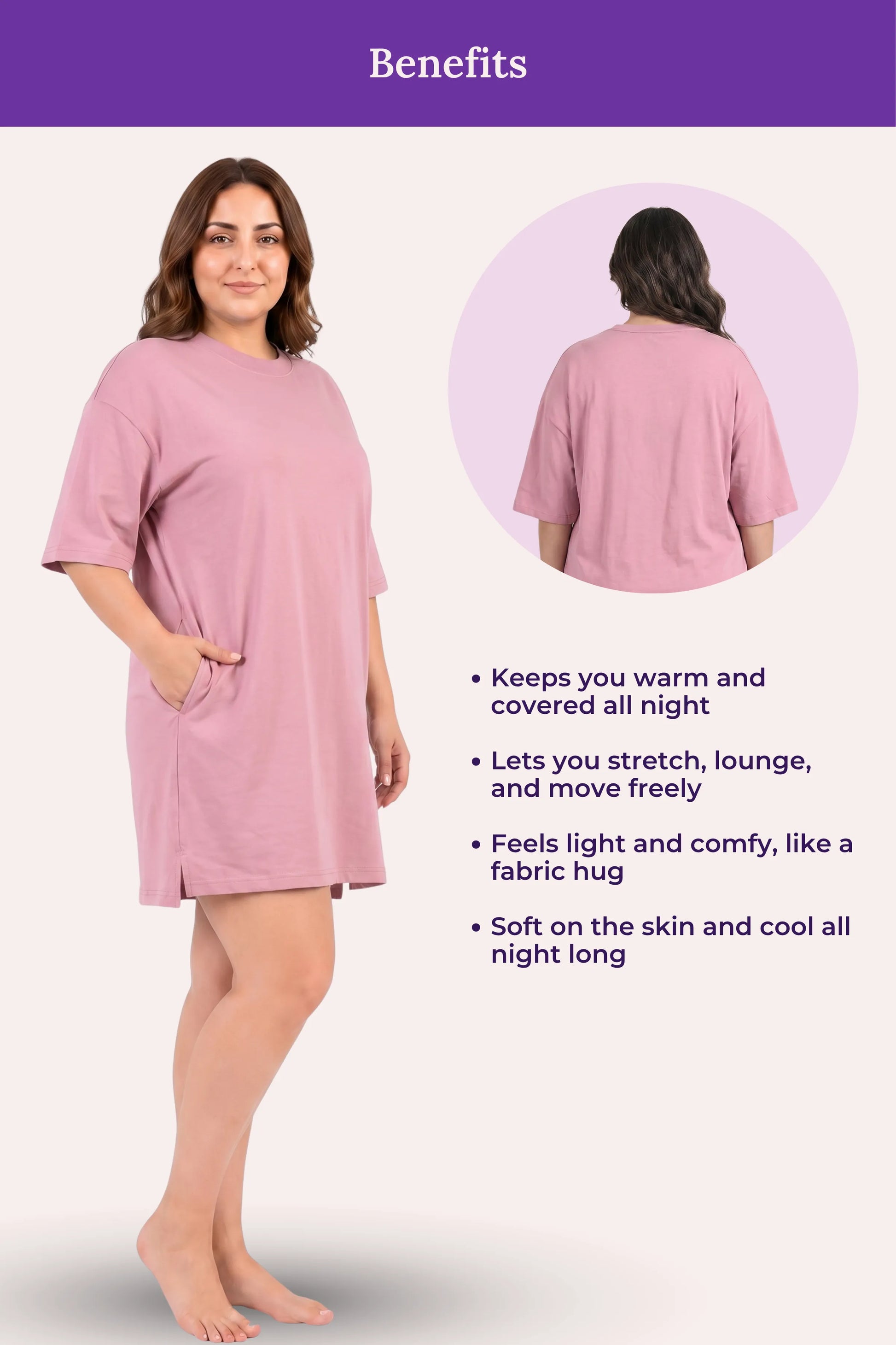 Woman wearing a pink nightshirt with text listing benefits on a white background