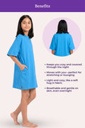 A girl model wearing a bright blue nightshirt with benefits.