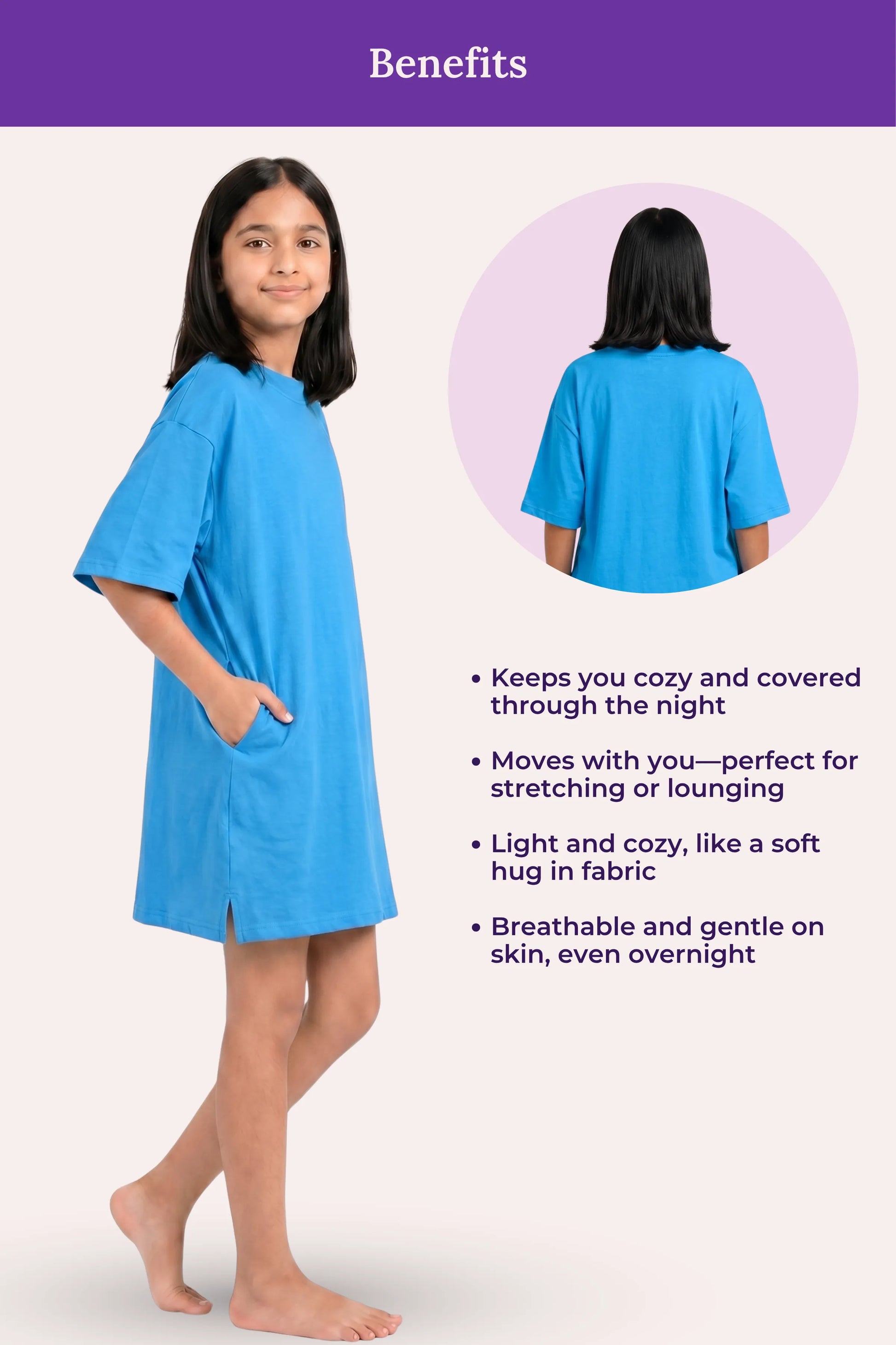 A girl model wearing a bright blue nightshirt with benefits.