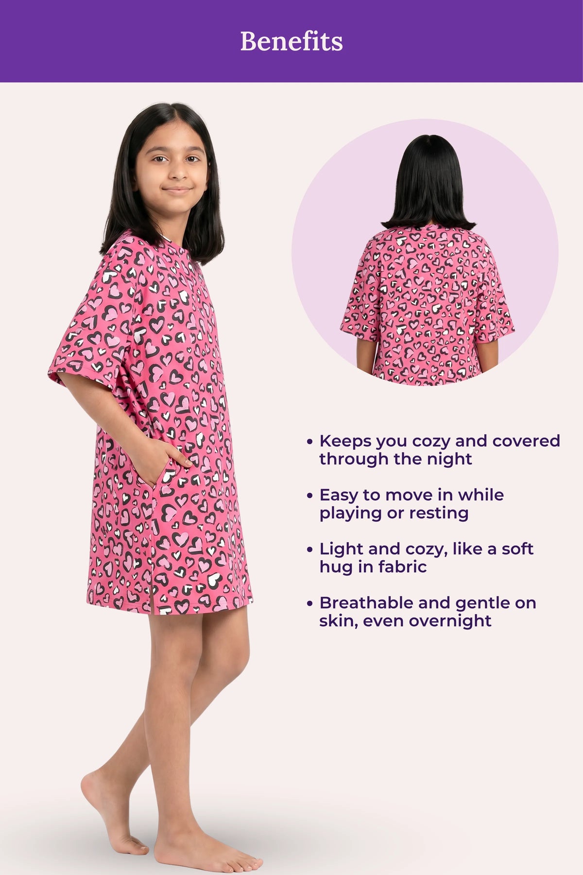 A girl model wearing a pink patterned. A circular inset shows the back view of the garment.
