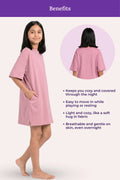 Pink nightgown worn by a model with text listing benefits.