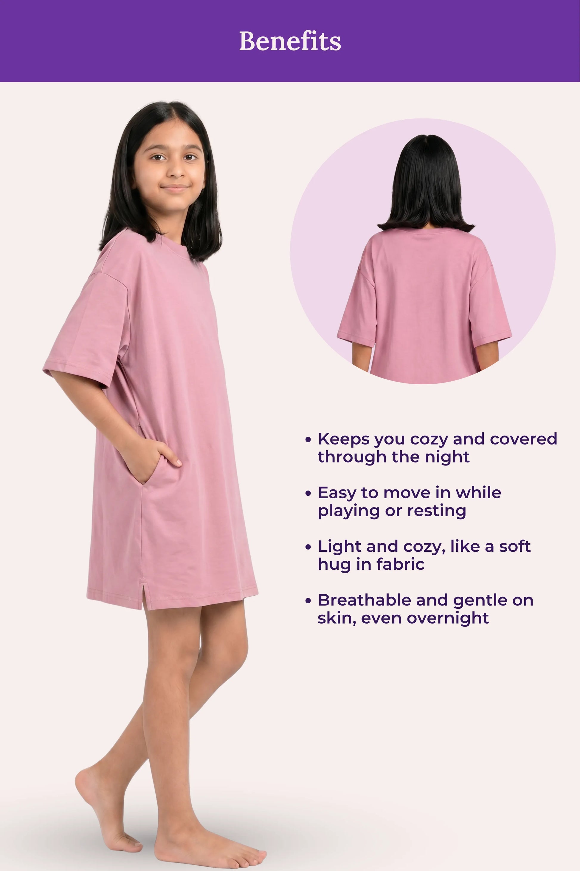 Pink nightgown worn by a model with text listing benefits.