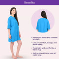 Woman wearing a bright blue oversize t shirt with  its benefits