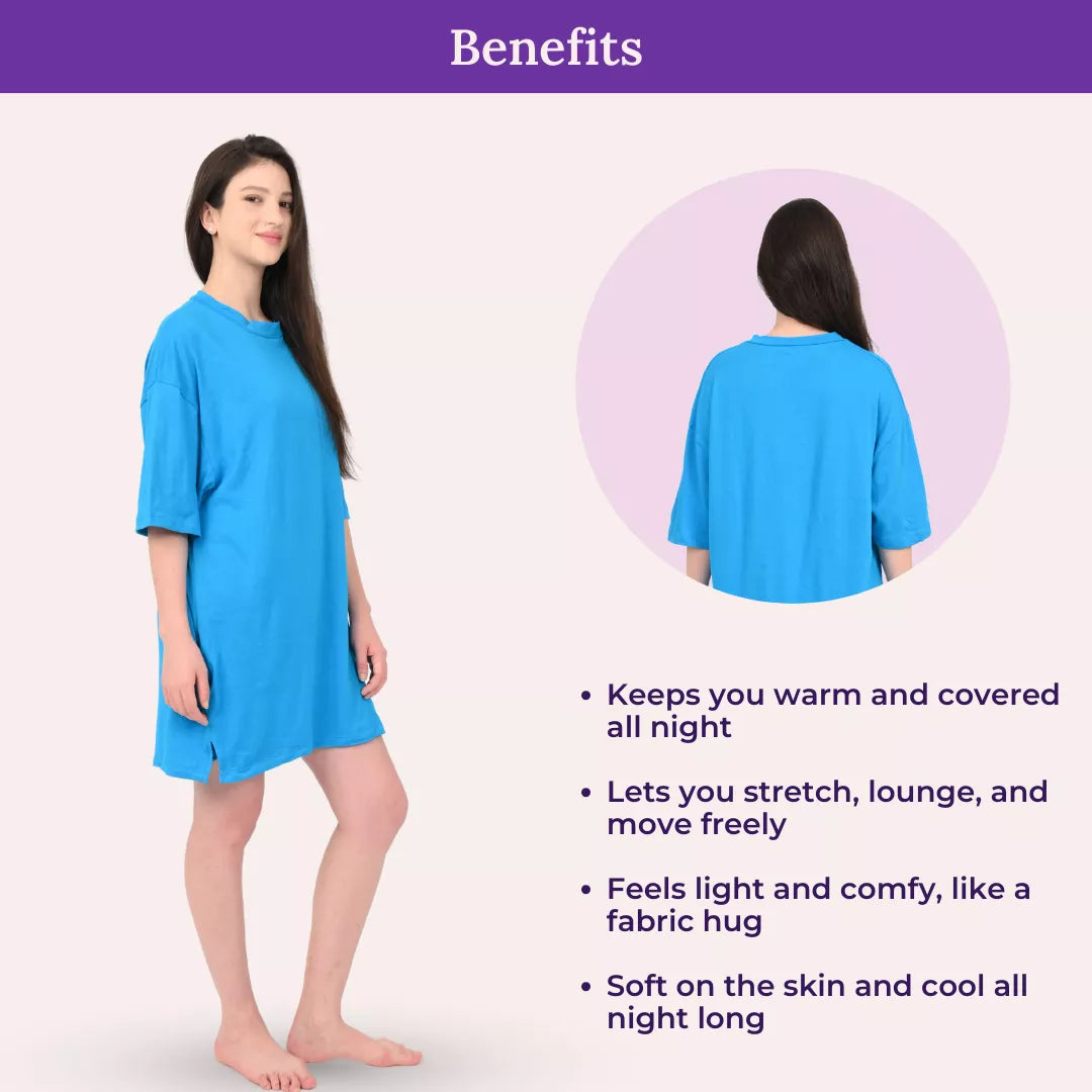 Woman wearing a bright blue oversize t shirt with  its benefits