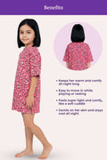 A girl model wearing a pink nightgown with 'Benefits' and bullet points describing comfort and fit. A circular inset shows the back view of the nightgown.
