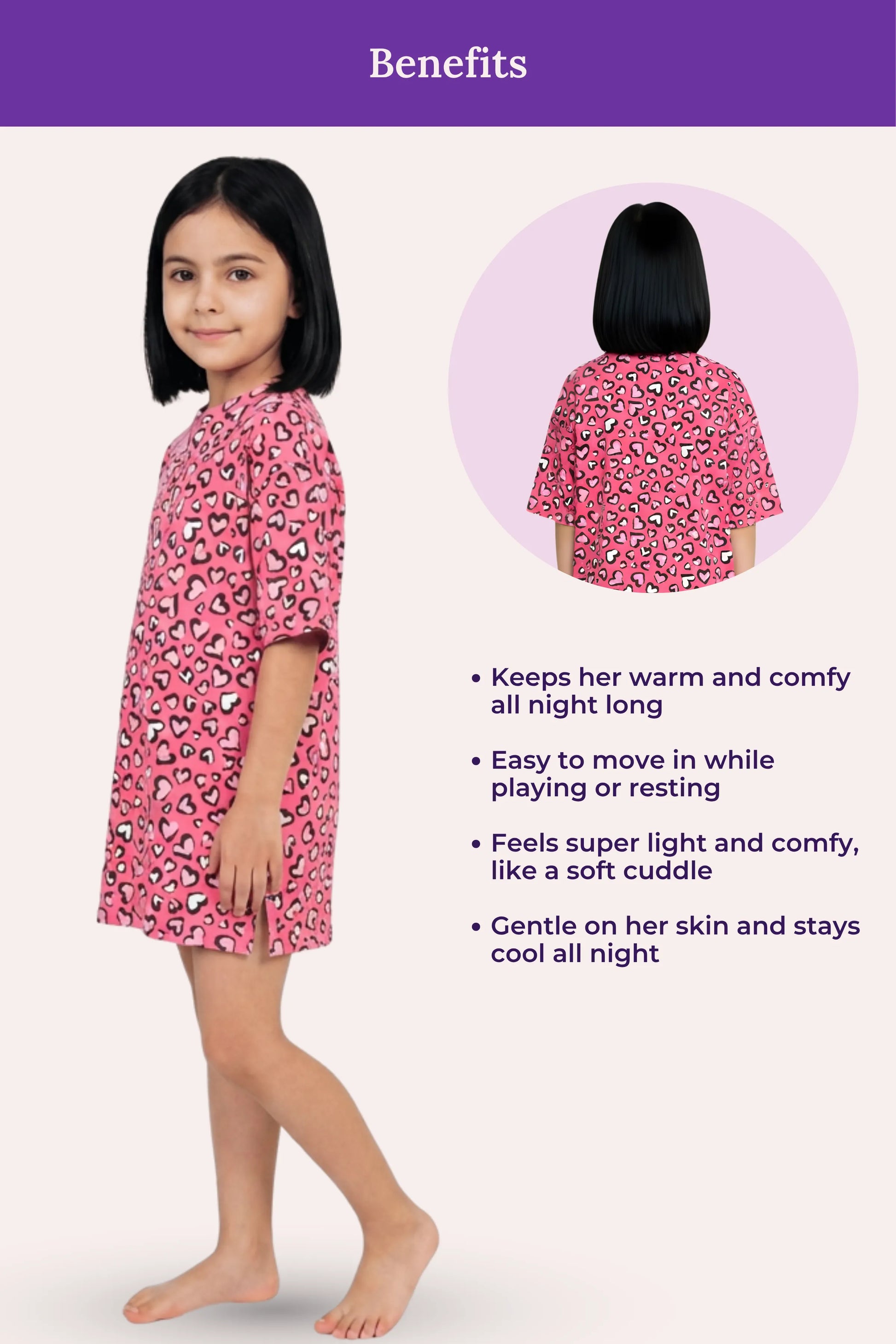 A girl model wearing a pink nightgown with 'Benefits' and bullet points describing comfort and fit. A circular inset shows the back view of the nightgown.