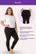 A black leggings featuring a woman modeling the pants, a circular inset showing the back view, and a list of benefits on a pale pink background with a purple header.