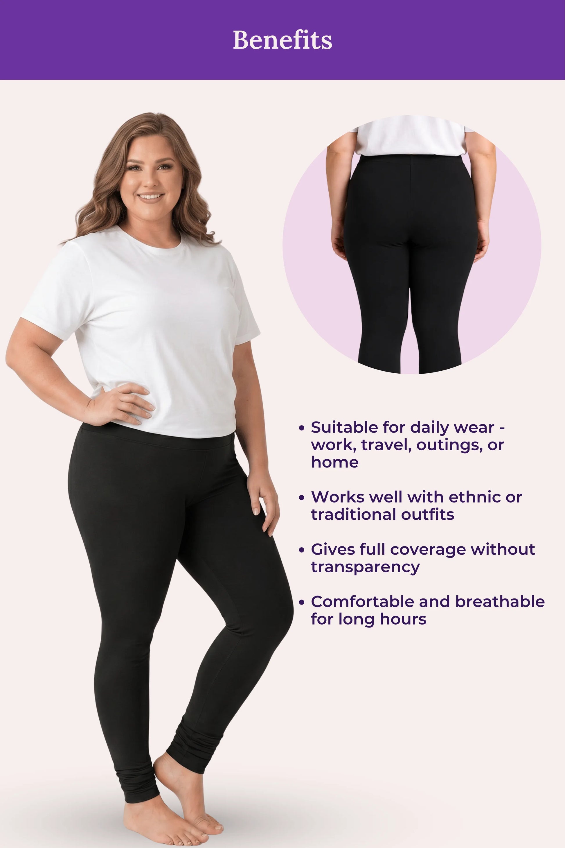 A black leggings featuring a woman modeling the pants, a circular inset showing the back view, and a list of benefits on a pale pink background with a purple header.