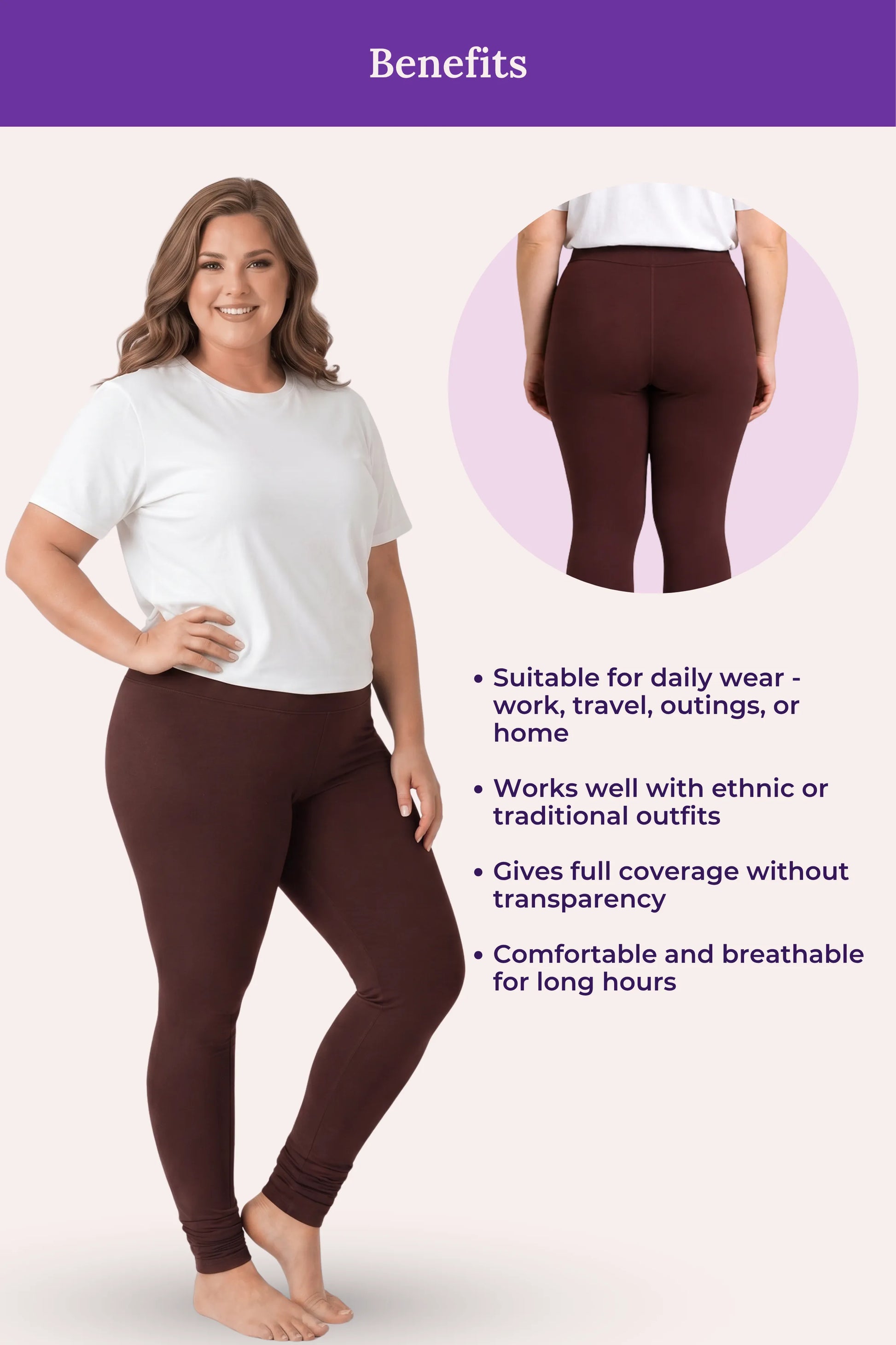 A churidar leggings showing a woman modeling brown leggings on a light beige background, with a purple header reading 'Benefits' and bullet points listing product advantages. A circular inset shows the back view of the leggings.