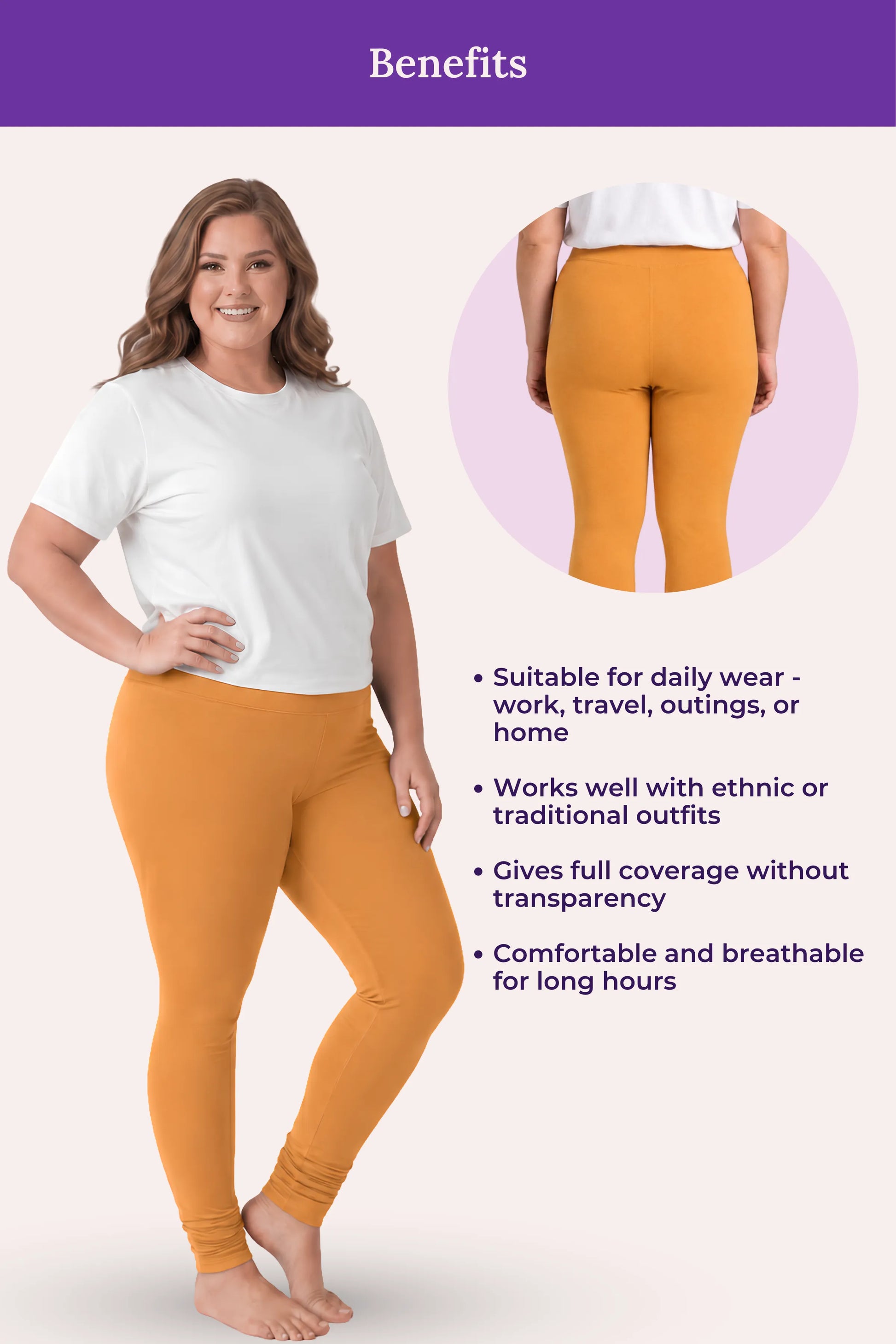 A caramel leggings showing a woman modeling the pants, a circular inset of the back view, and a list of benefits on a pale pink background with a purple header.