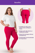 A dark pink leggings, showing a woman modeling the pants from the front and back on a pale pink background with a purple 'Benefits' header and bullet points describing comfort, full coverage, and suitability for daily wear.
