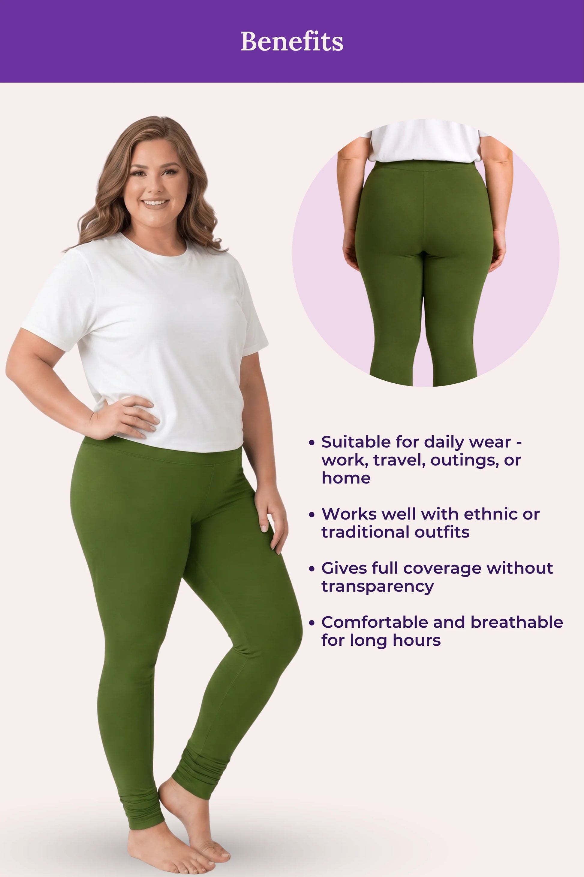 A green leggings showing a woman modeling the pants, with a back view inset and text listing benefits such as suitability for daily wear and comfort for long hours.