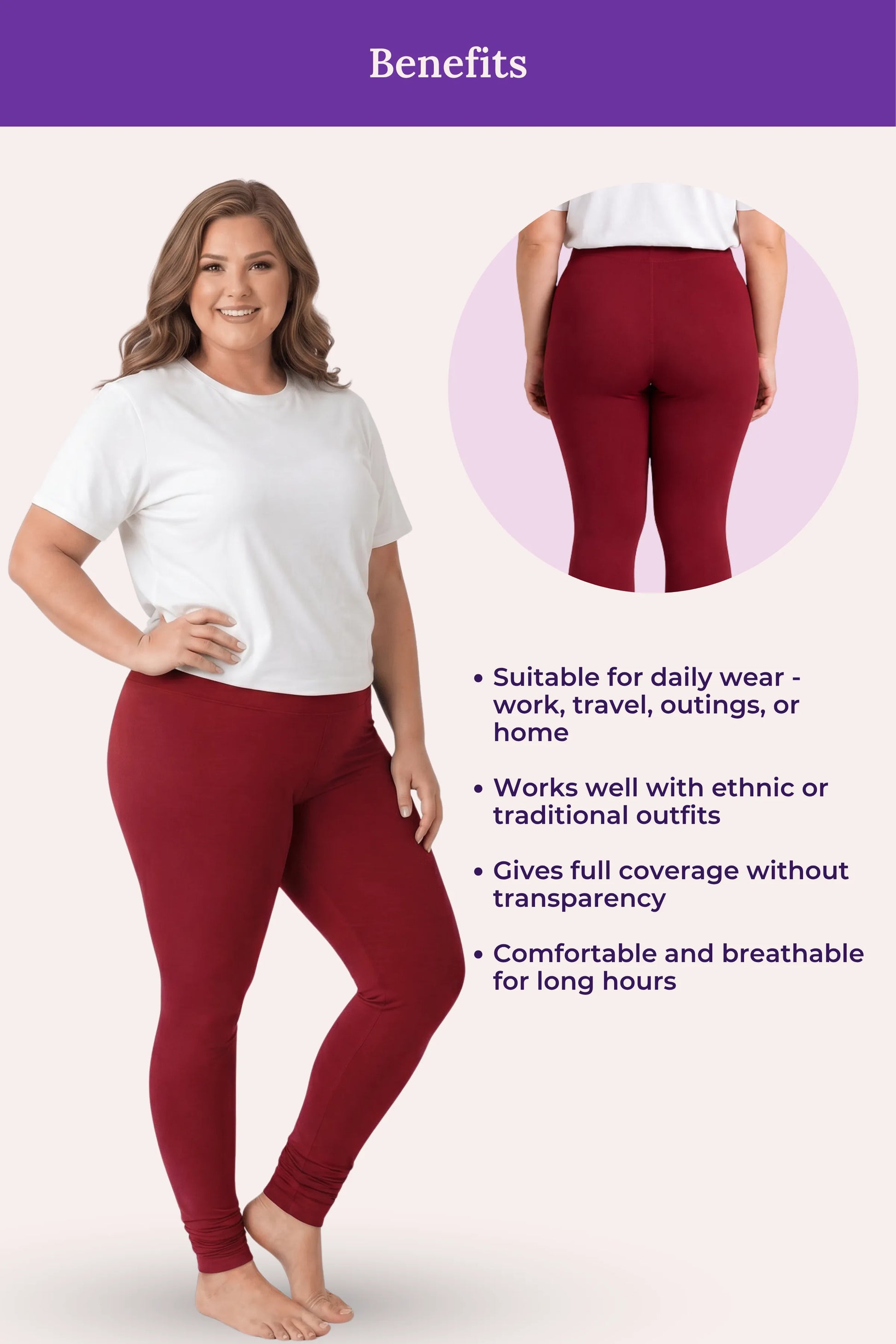 A churidar leggings featuring a woman modeling the pants, a circular inset showing the back view of the leggings, and a list of benefits on a pale pink background with a purple header.