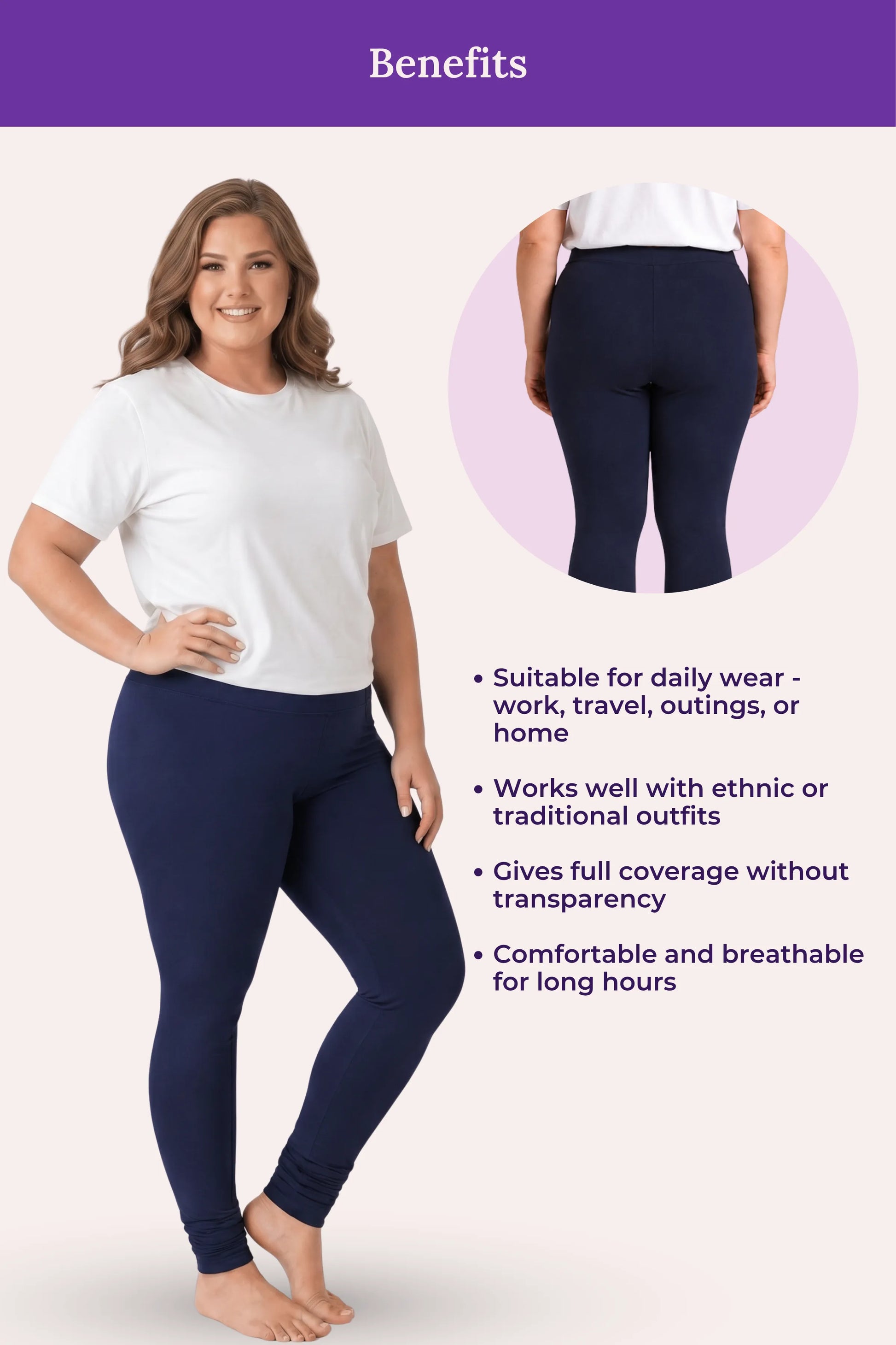 A navy blue churidar leggings, featuring a woman modeling the pants on the left and a back-view inset on the right. The image includes a purple header reading 'Benefits' and bullet points describing comfort, full coverage, and suitability for daily wear.
