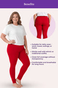 A red leggings showing a woman modeling the pants, a circular inset of the back view, and a list of benefits on a pale pink background with a purple header.