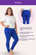 A blue leggings showing a woman modeling the pants, with a back view inset and text listing benefits such as suitability for daily wear and full coverage.