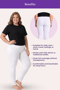 A white leggings featuring a woman modeling the pants, a circular inset showing the back view, and a list of benefits on a pale pink background with a purple header.