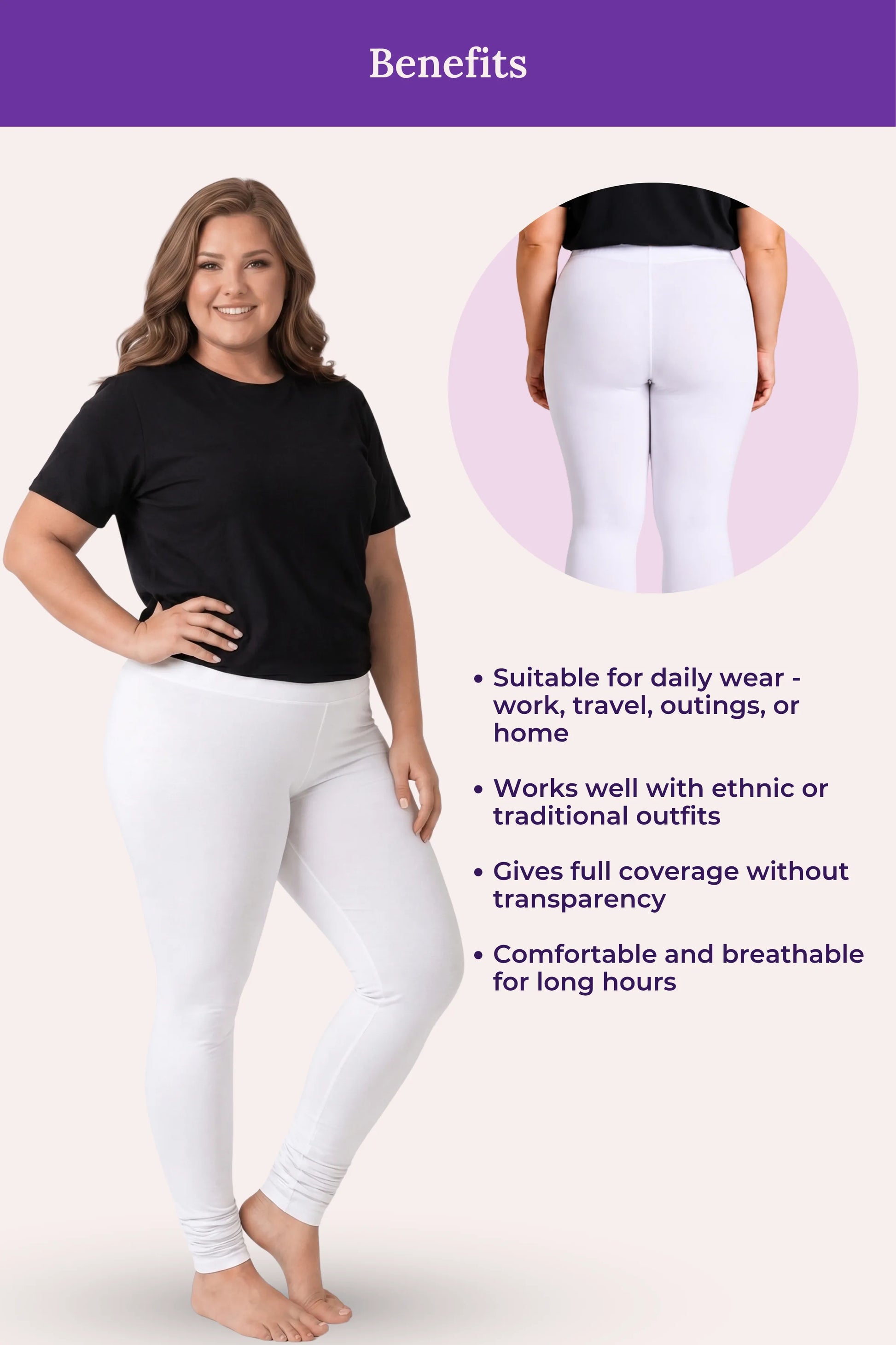 A white leggings featuring a woman modeling the pants, a circular inset showing the back view, and a list of benefits on a pale pink background with a purple header.