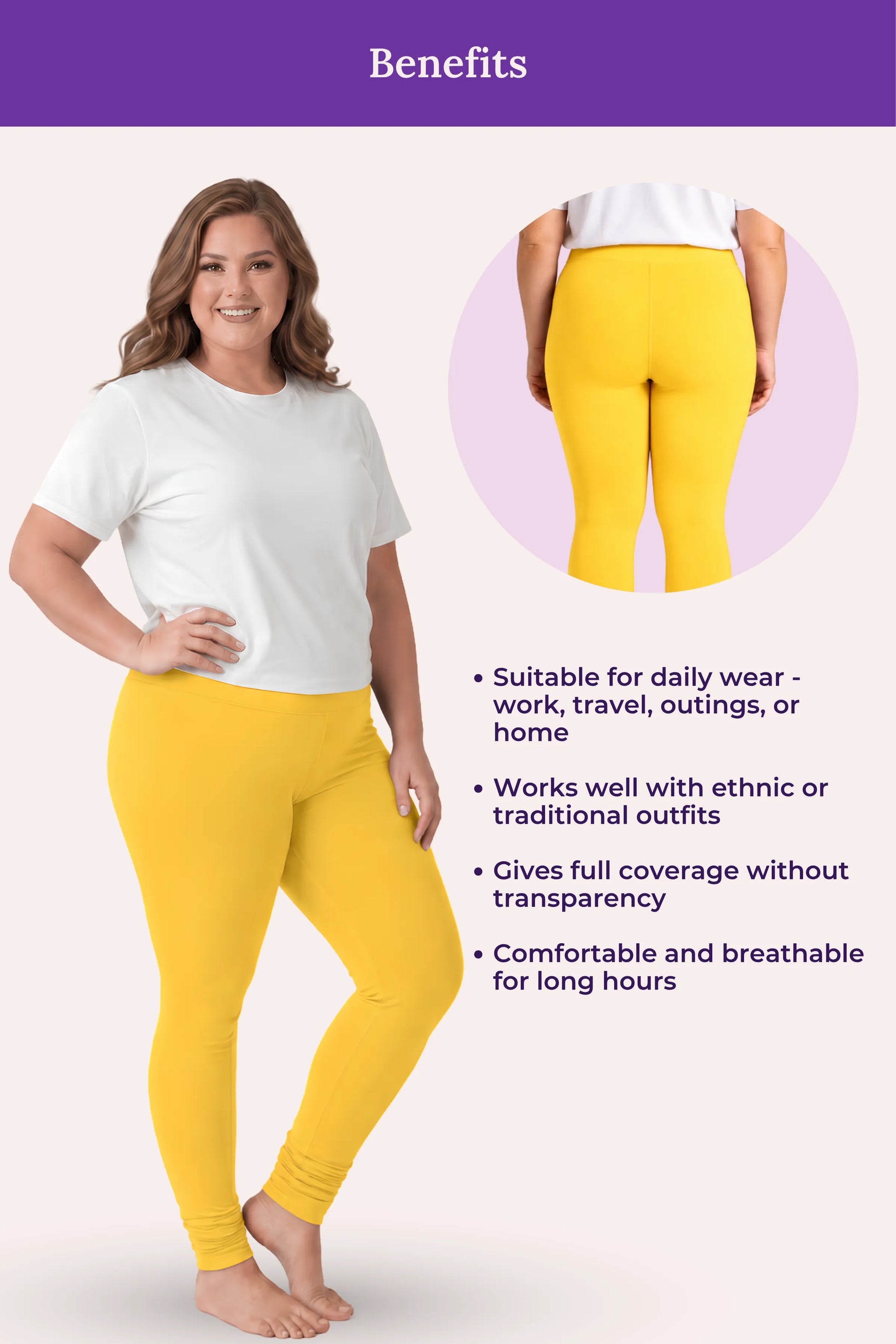 A woman modeling bright yellow leggings, with a back view inset and text listing benefits such as suitability for daily wear and comfort for long hours. The image has a purple header and a pale pink background.