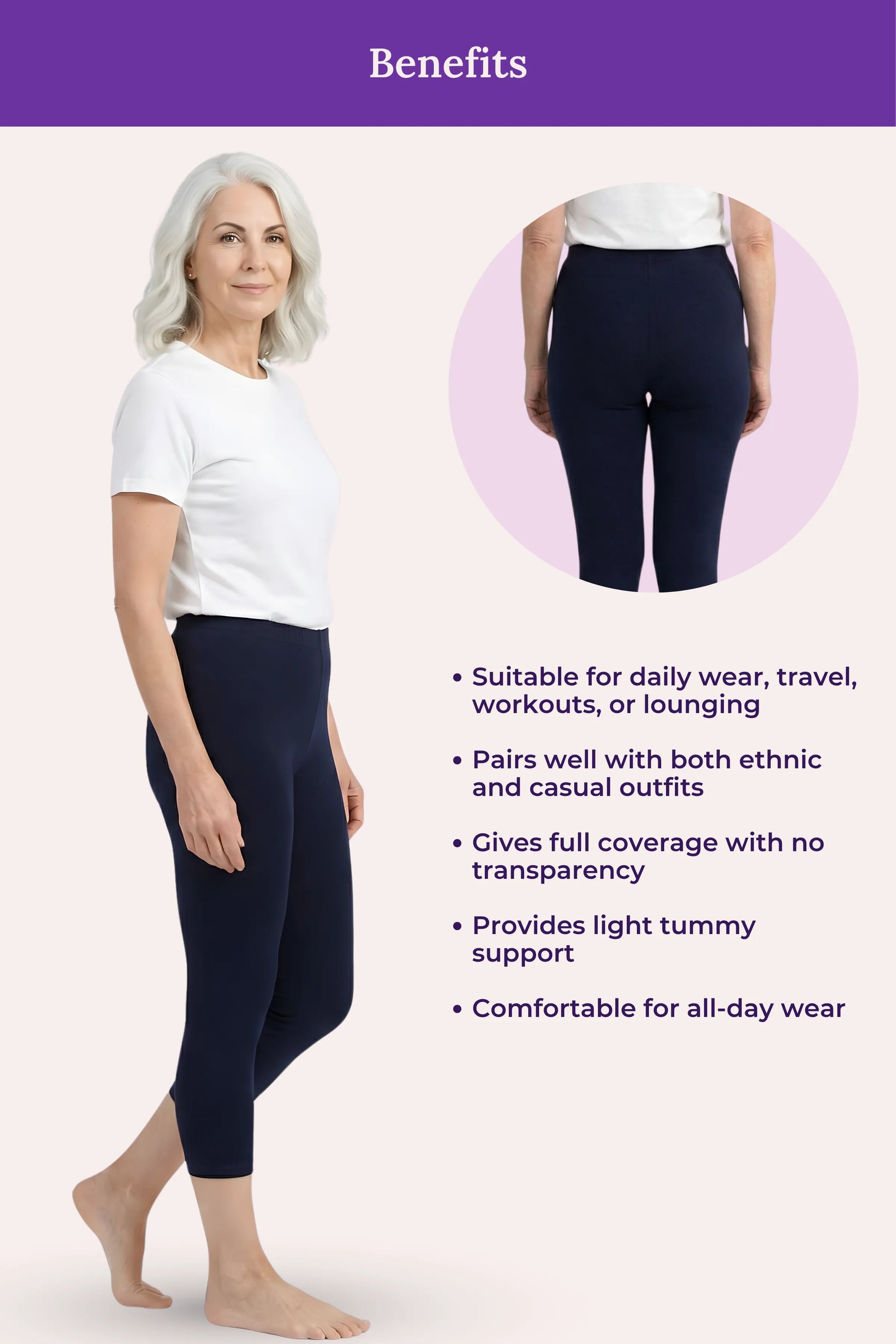 A navy blue cropped leggings featuring a woman modeling the pants, a circular inset showing the back view, and text listing benefits such as suitability for daily wear, travel, workouts, and lounging.