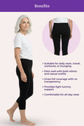 Benefits woman modeling black  leggings from the side and back, with text listing advantages such as suitability for daily wear, travel, workouts, or lounging, and compatibility with ethnic and casual outfits.