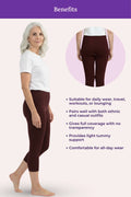 A women's leggings showing a woman in side profile wearing dark brown leggings, with a circular inset of the back view of the same leggings. The graphic includes a purple header reading 'Benefits' and a list of product features on a pale pink background.